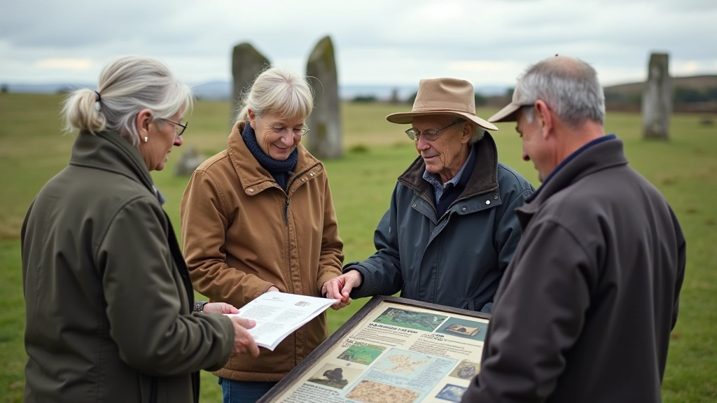 Senior visitors examining heritage interpretation panel at archaeological site