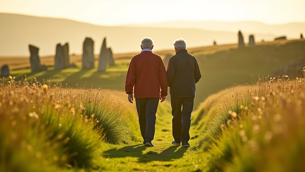 Group of seniors walking at Carrowmore megalithic cemetery