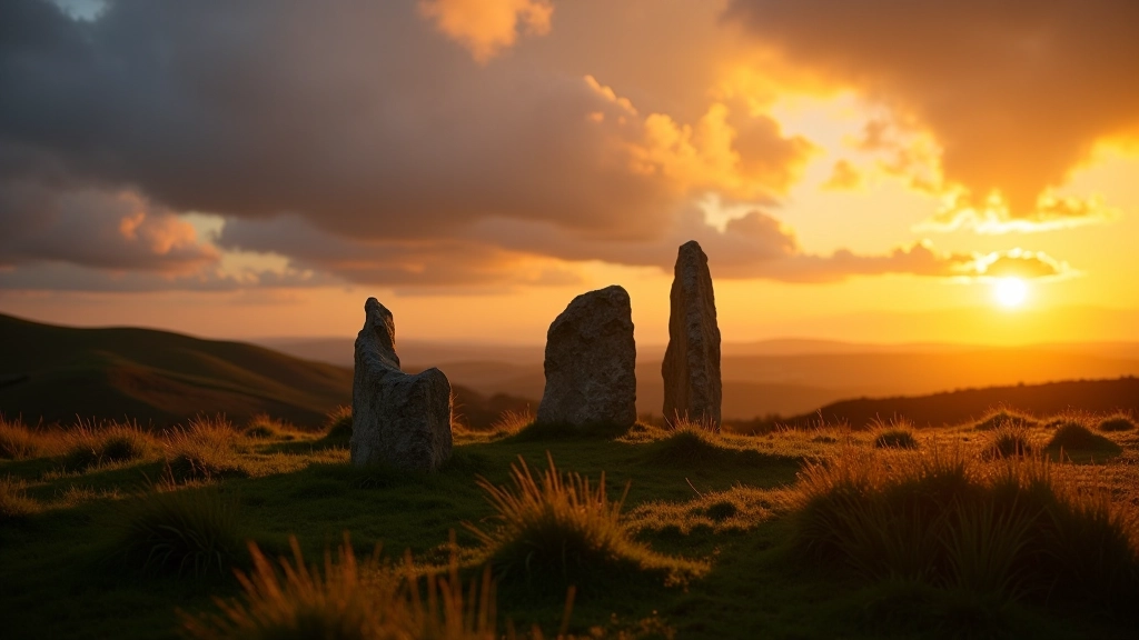 Sligo landscape at golden hour with ancient dolmen silhouetted against dramatic sky and green hills