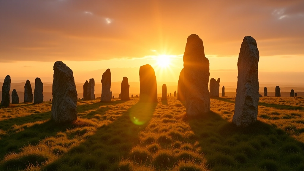 Golden hour light streaming across ancient stone circle in Sligo, warm orange glow on weathered rocks