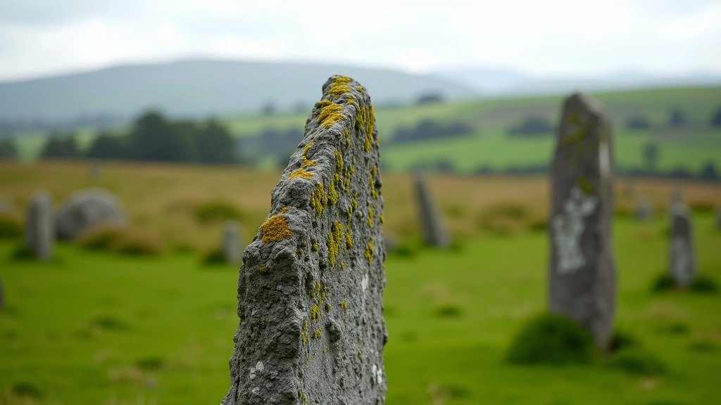 Close-up of ancient standing stone monument with weathered surface and lichen, green grass and sky in background