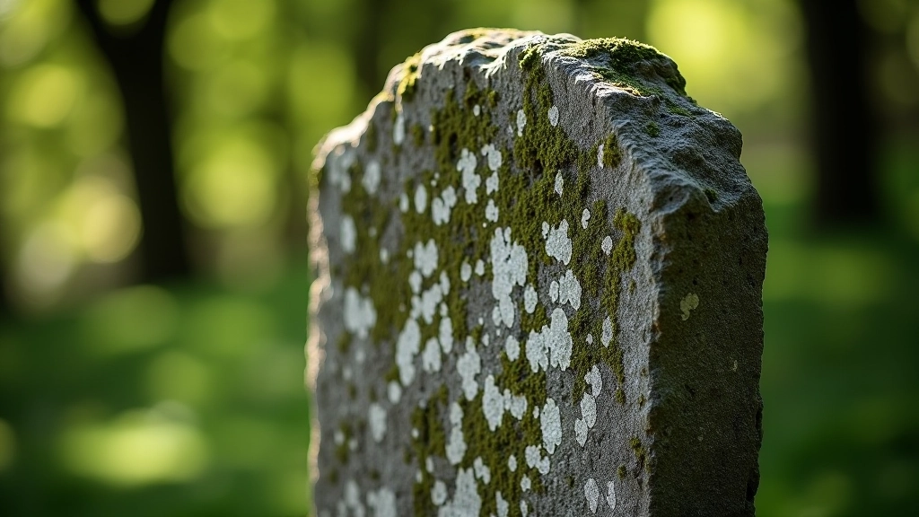 Close-up view of weathered ancient stone with lichen and moss, textured surface showing age