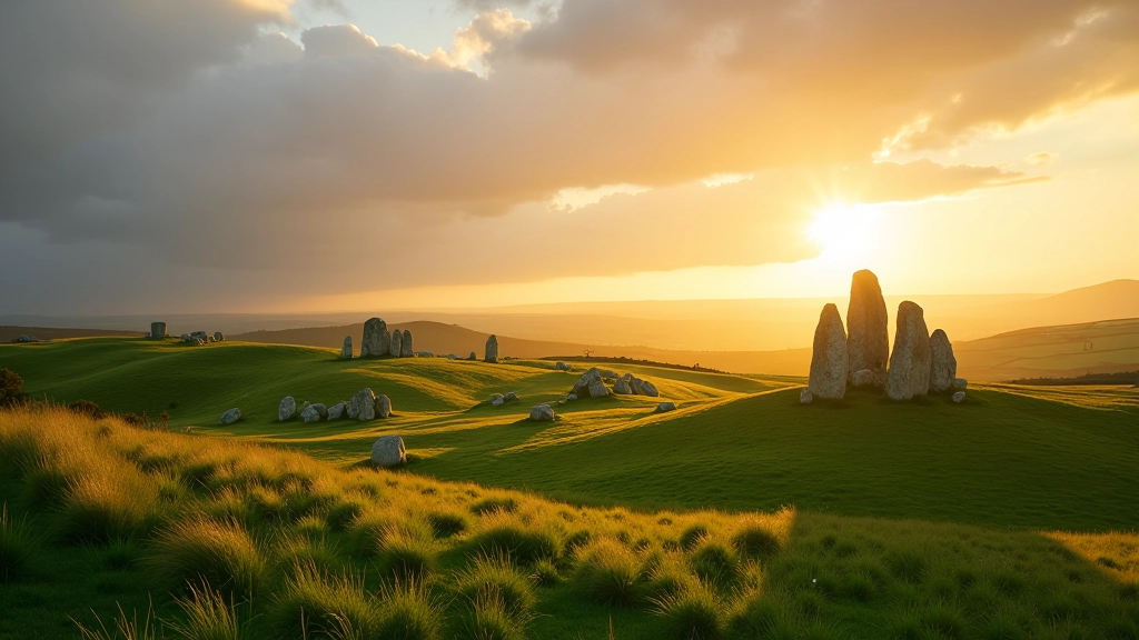 Wide landscape photograph showing multiple standing stones scattered across rolling green hills under dramatic sky