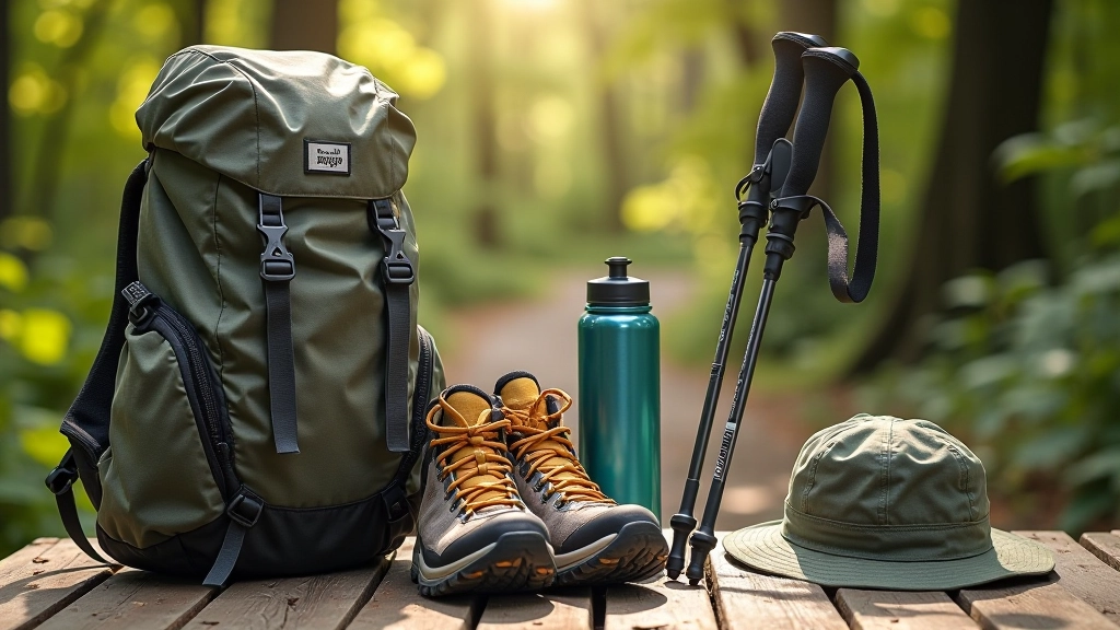 Practical hiking gear laid out on wooden surface: walking poles, backpack, water bottle, and comfortable shoes