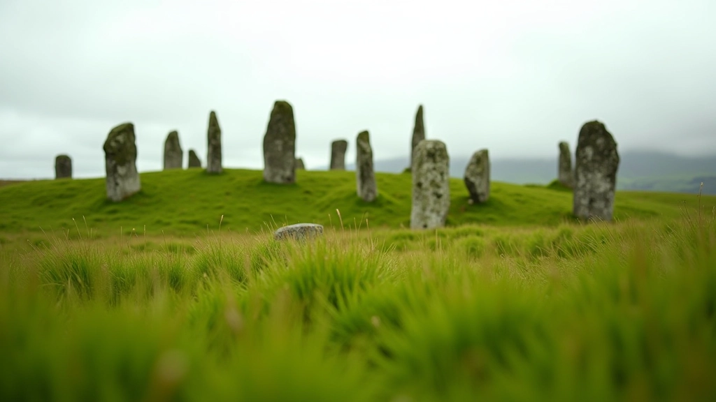 Wide angle view of multiple standing stones across open hillside with foreground grass in focus