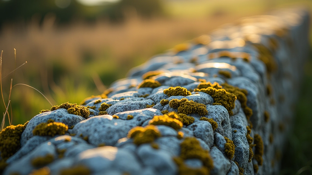 Close-up of weathered stone texture with moss and lichen detail