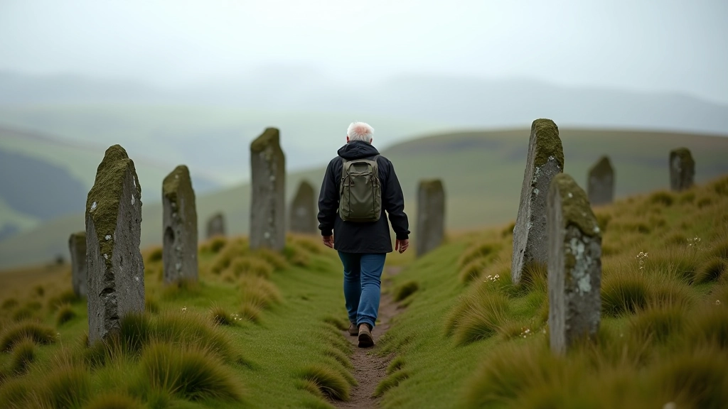 Person walking between standing stones on grassy hillside with views of Irish landscape stretching into distance