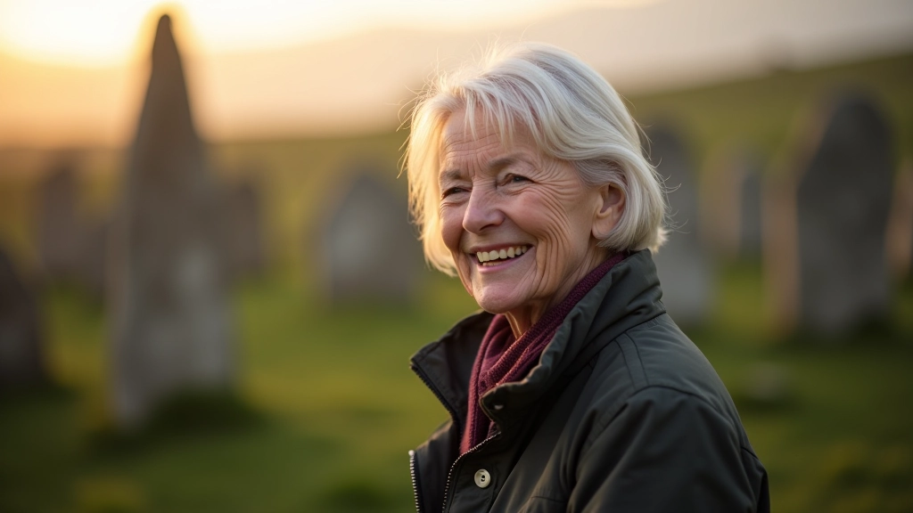 Elderly woman smiling outdoors with ancient stone monument visible in background