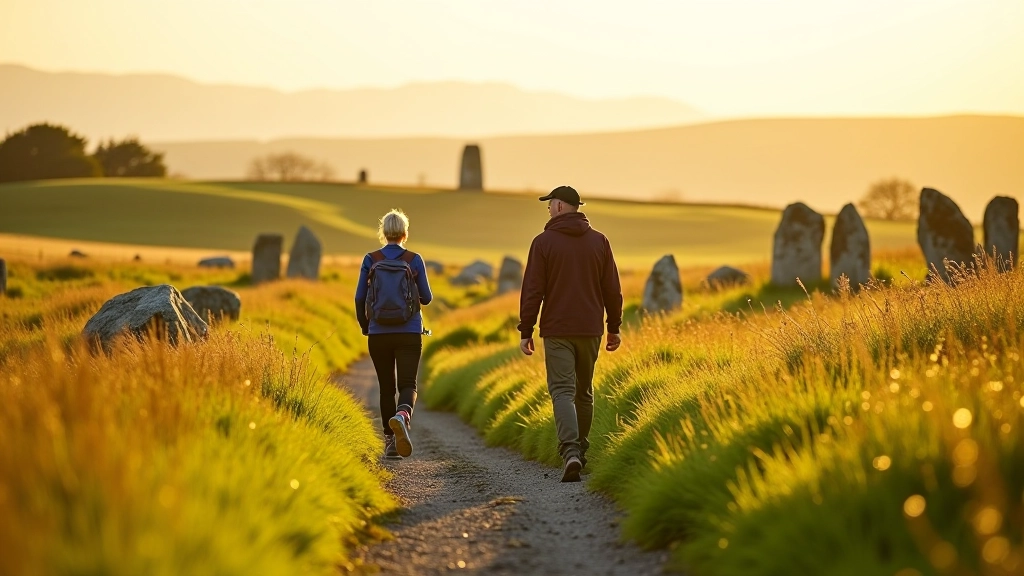 Seniors walking along scenic trail through Carrowmore site with ancient stone monuments visible in the landscape