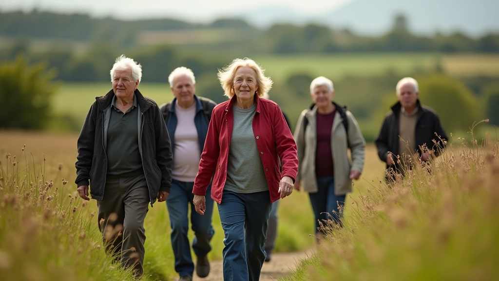 Group of seniors walking together on a heritage trail through countryside