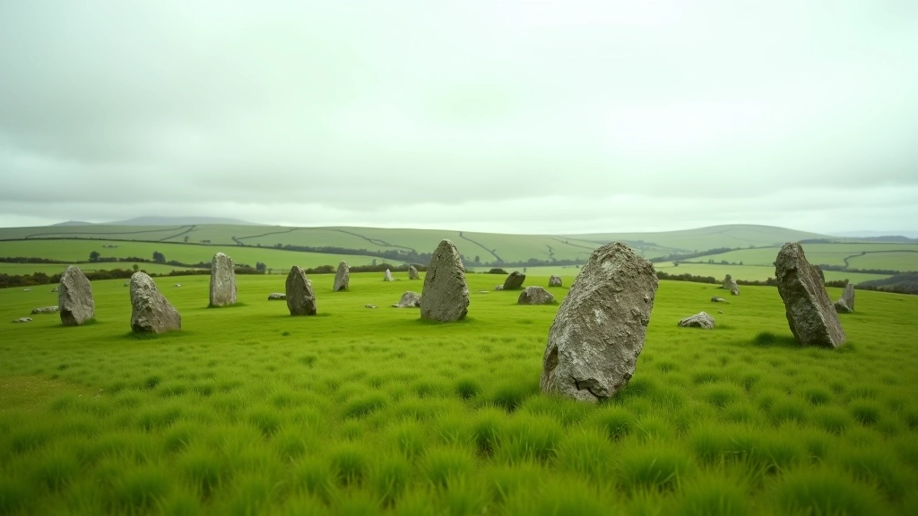 Panoramic view of Carrowmore megalithic cemetery landscape